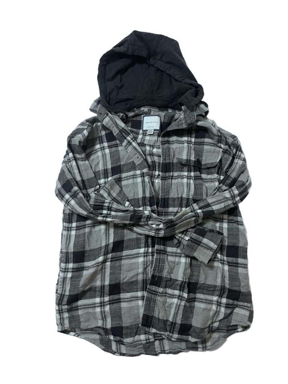American Eagle Outfitters Super Soft Grey Black Plaid Hooded Flannel Shirt XS